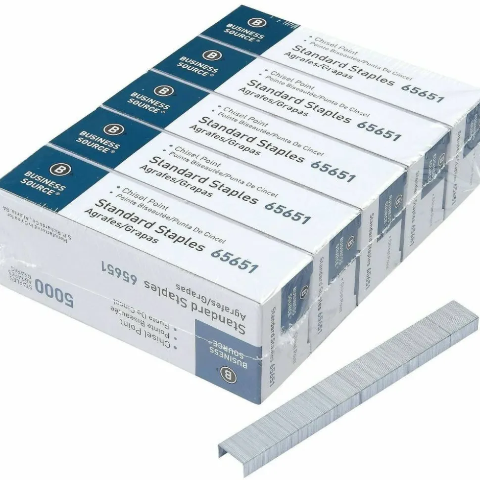 Business Source Chisel Point Standard Staples, 210 Per Strip, 1/4" Leg, 1/2" Crown, 5,000 Box, 5 Boxes - 65651