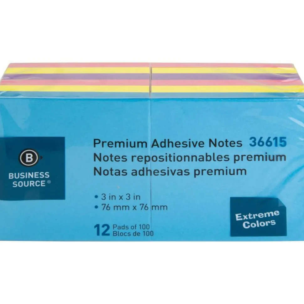 Business Source Extreme Color Adhesive Notes - 100 Sheets, 18 Pads, 3"x 3" - Square - Assorted - 36615