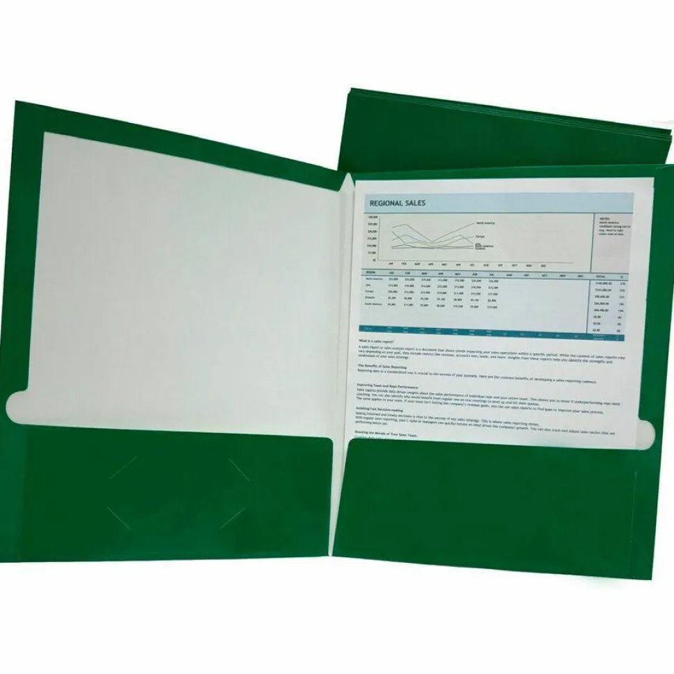 Business Source Letter Pocket Folder - 8 1/2" x 11" - 100 Sheets Capacity - Card Paper - Green - Durable, Laminated, Die-cut - 25/Box - 44427