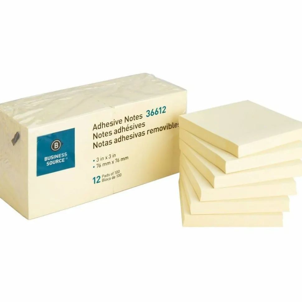 Business Source Repositionable Adhesive Notes - 3" x 3" - 100 Sheets - Square - Yellow, 12/Pack