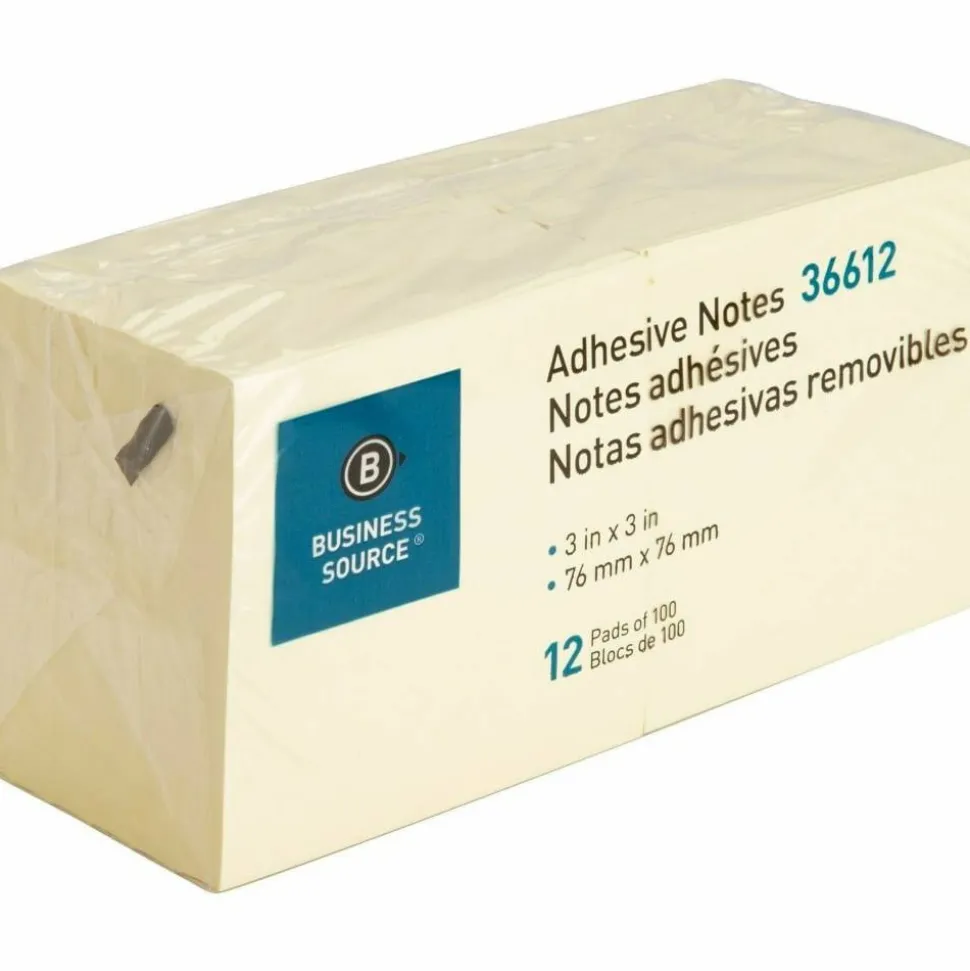 Business Source Repositionable Adhesive Notes - 3" x 3" - 100 Sheets - Square - Yellow, 12/Pack