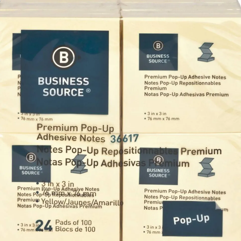 Business Source Reposition Pop-up Adhesive Notes - 3" x 3" - 100 Sheets, 24 Pads - Square - Yellow, 24/Pack