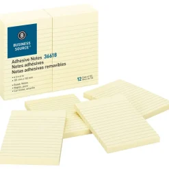 Business Source Ruled Adhesive Notes - 4" x 6" - 100 Sheets - Rectangle - Ruled - Yellow, 12/Pack