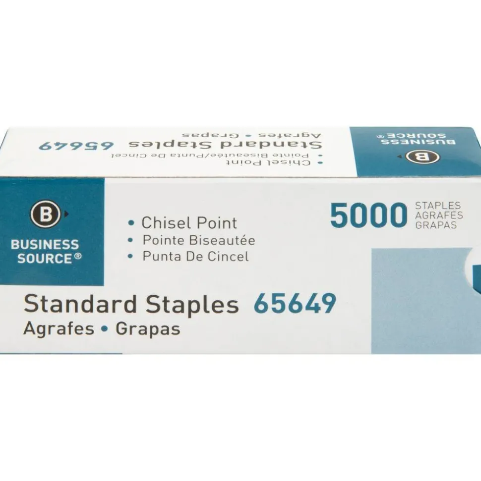 Business Source Standard Staples - 1/4" Leg - 1/2" Crown - Holds 30 Sheet(s) - Chisel Point - Silver - 210 Per Strip - 5000 / Box
