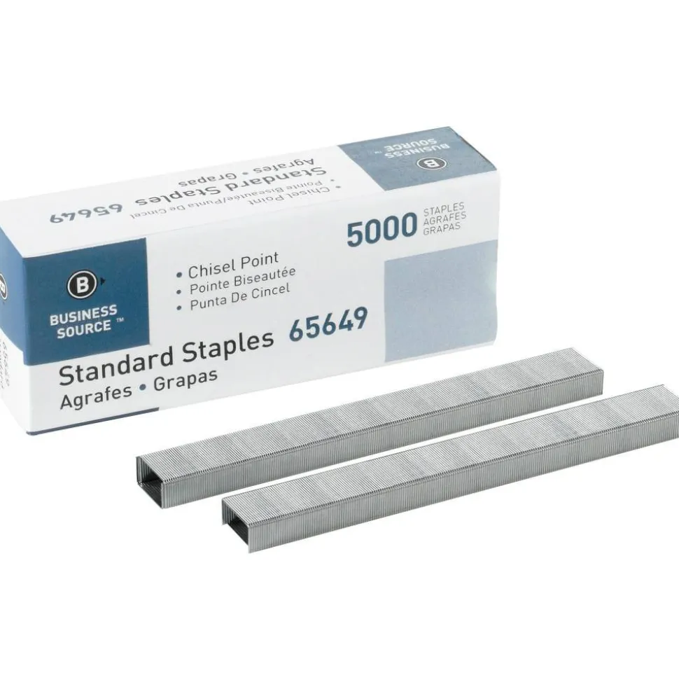 Business Source Standard Staples - 1/4" Leg - 1/2" Crown - Holds 30 Sheet(s) - Chisel Point - Silver - 210 Per Strip - 5000 / Box