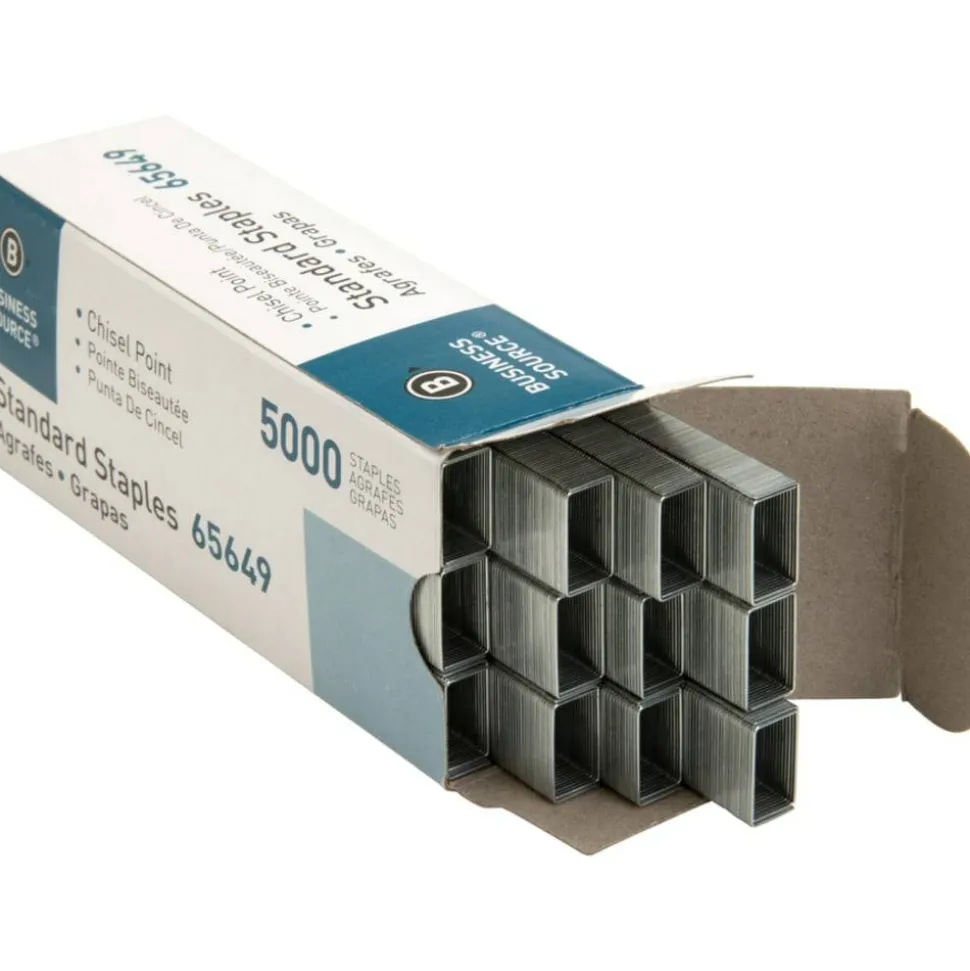 Business Source Standard Staples - 1/4" Leg - 1/2" Crown - Holds 30 Sheet(s) - Chisel Point - Silver - 210 Per Strip - 5000 / Box