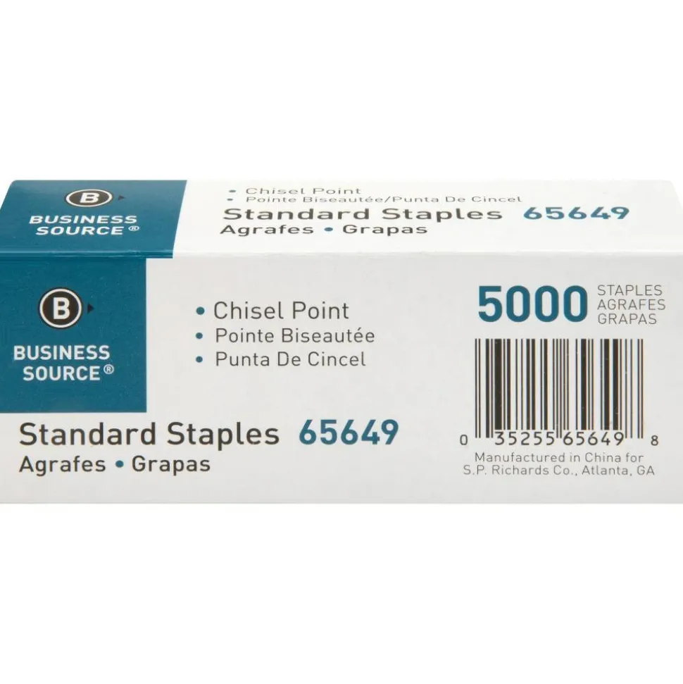 Business Source Standard Staples - 1/4" Leg - 1/2" Crown - Holds 30 Sheet(s) - Chisel Point - Silver - 210 Per Strip - 5000 / Box