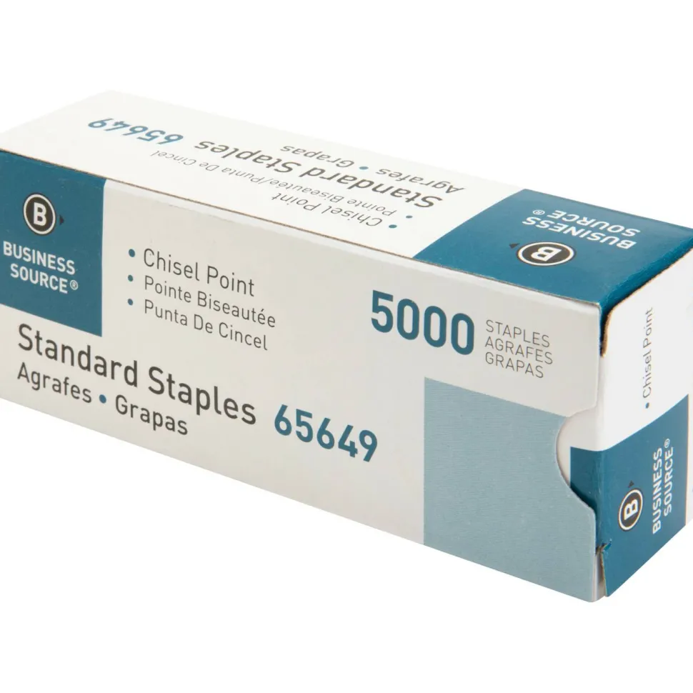 Business Source Standard Staples - 1/4" Leg - 1/2" Crown - Holds 30 Sheet(s) - Chisel Point - Silver - 210 Per Strip - 5000 / Box