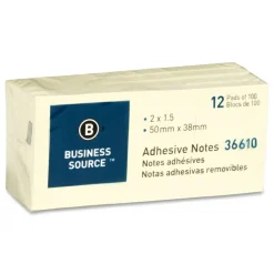 Business Source Yellow Repositionable Adhesive Notes - 100 Sheets, 12 Pads, 1 7/8