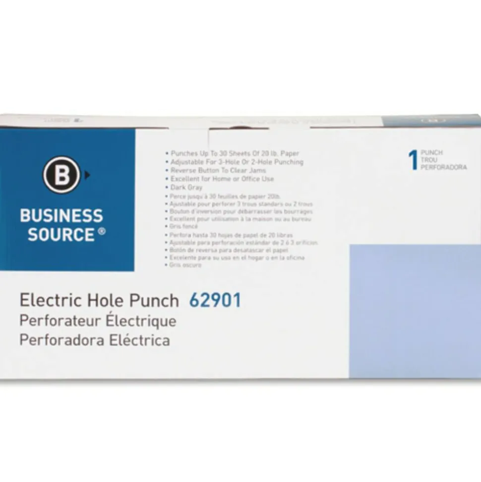 Business Source Electric Adjustable 3-hole Punch - 3 Punch Head(s) - 30 Sheet Capacity - 1/4" Punch Size - Gray
