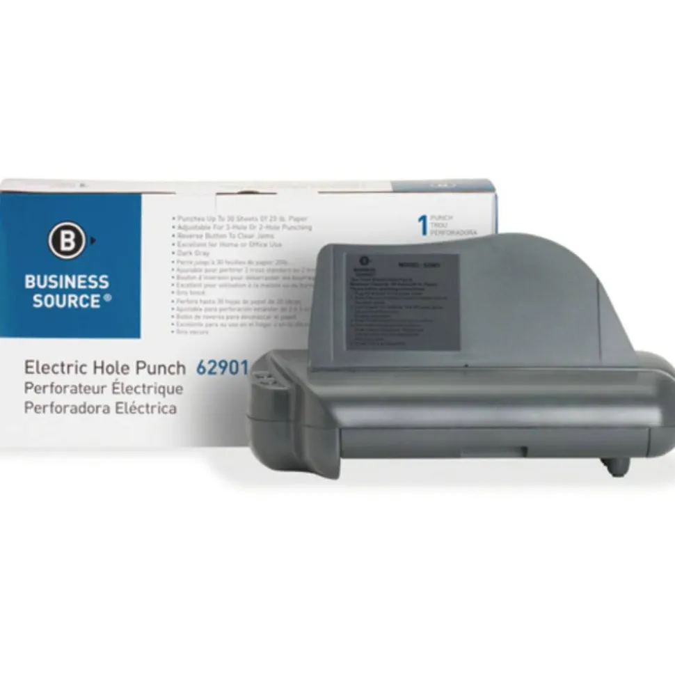 Business Source Electric Adjustable 3-hole Punch - 3 Punch Head(s) - 30 Sheet Capacity - 1/4" Punch Size - Gray