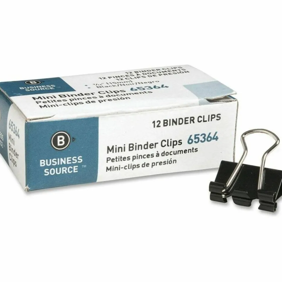 Business Source Fold-back Binder Clips - Mini - 0.6" Width - 0.25" Size Capacity - for Paper - Black - Tempered Steel - 1 Dozen/Pack - 12 / Box