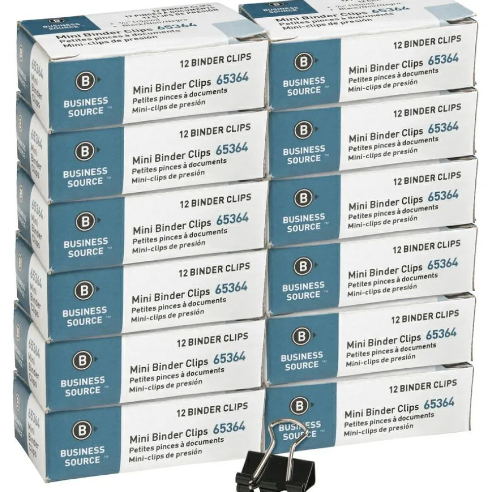 Business Source Fold-back Binder Clips - Mini - 0.6" Width - 0.25" Size Capacity - for Paper - Black - Tempered Steel - 1 Dozen/Pack - 12 / Box