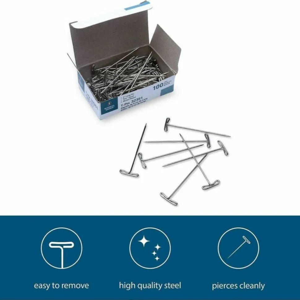 Business Source High Quality Steel T-pins - 0.56" Head - 2" Length x 0.6" Width - Silver - Steel - 1 Box