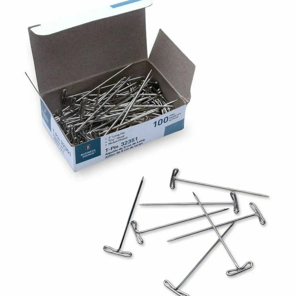 Business Source High Quality Steel T-pins - 0.56" Head - 2" Length x 0.6" Width - Silver - Steel - 1 Box