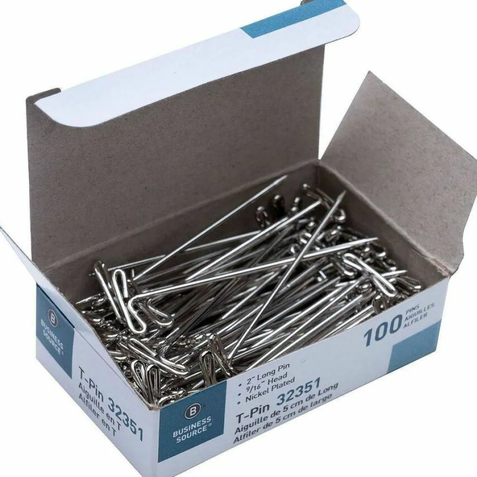 Business Source High Quality Steel T-pins - 0.56" Head - 2" Length x 0.6" Width - Silver - Steel - 1 Box