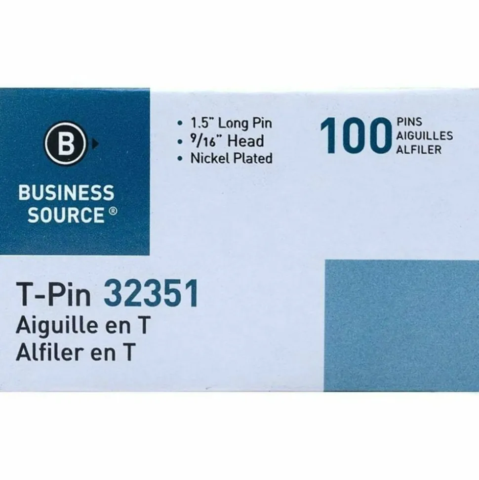 Business Source High Quality Steel T-pins - 0.56" Head - 2" Length x 0.6" Width - Silver - Steel - 1 Box