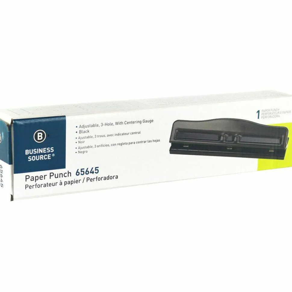 Business Source 3-Hole Adjustable Paper Punch - 3 Punch Head(s) - 11 Sheet Capacity - 1/4" Punch Size - Round Shape - Black