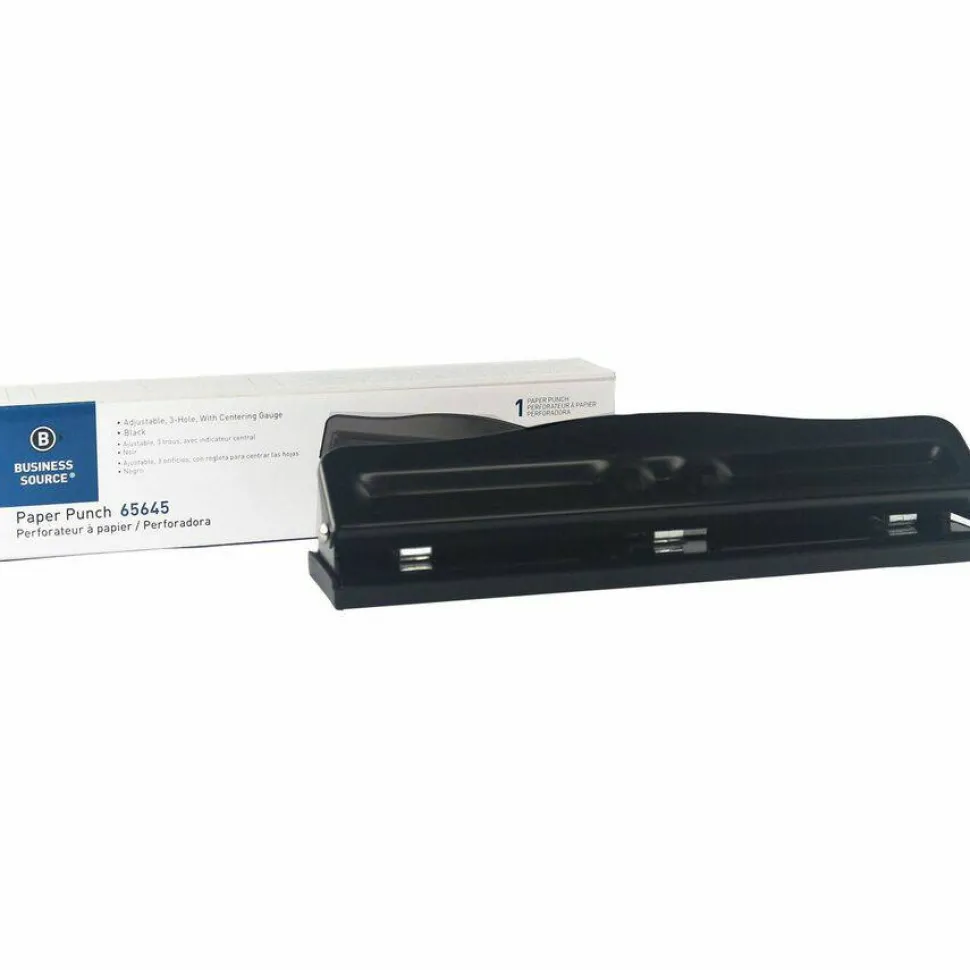 Business Source 3-Hole Adjustable Paper Punch - 3 Punch Head(s) - 11 Sheet Capacity - 1/4" Punch Size - Round Shape - Black