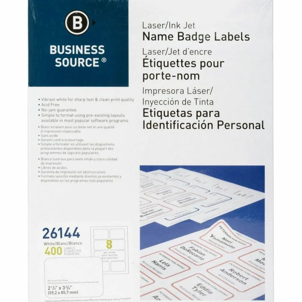 Business Source Laser/Inkjet Name Badge Labels - 2 1/3"x 3 3/8" - Rectangle - Laser, Inkjet - White - 8 / Sheet - Self-adhesive, Jam-free - 400 / Pack