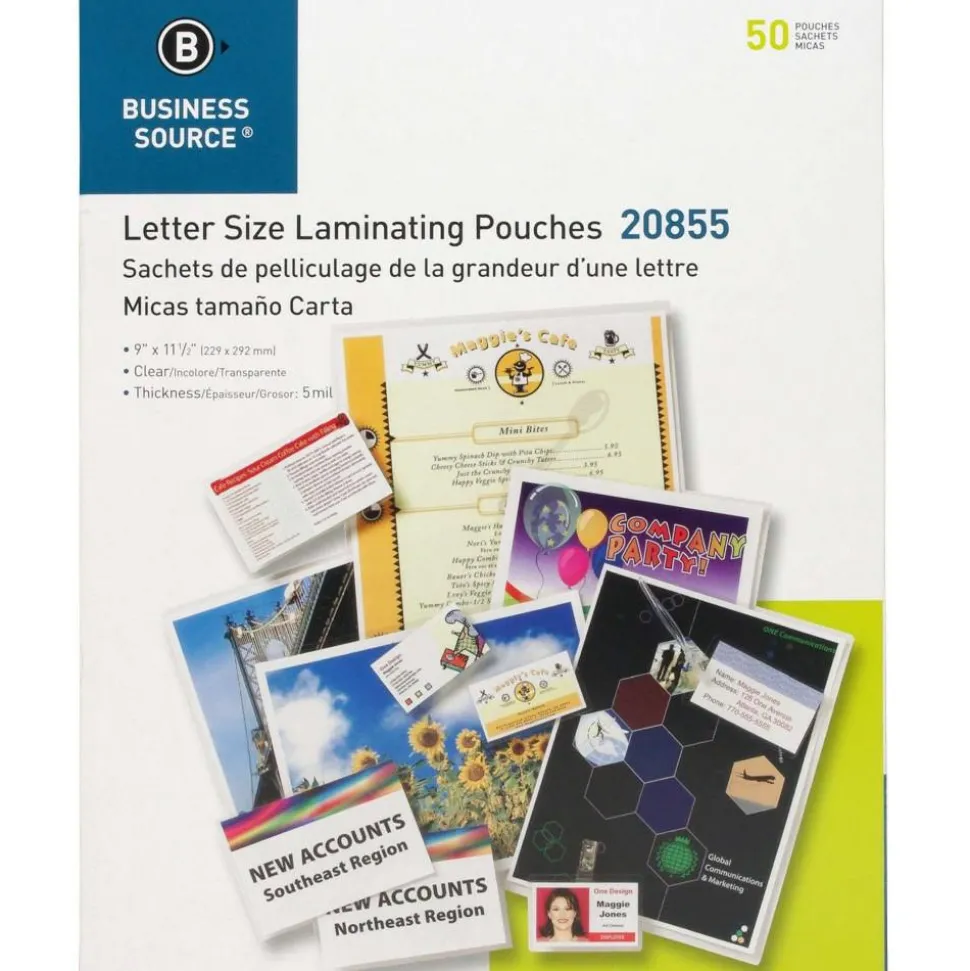 Business Source Letter Size Laminating Pouches - Letter 8.50"x 11" - 9"x 11.50"x5 mil Thickness, 50/Pack