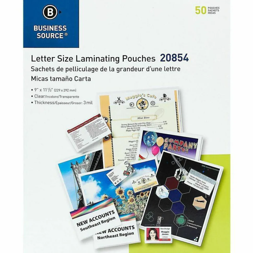 Business Source Letter Size Laminating Pouches - 9"x 11.50"x3 mil Thickness - 20854, 12/Pack