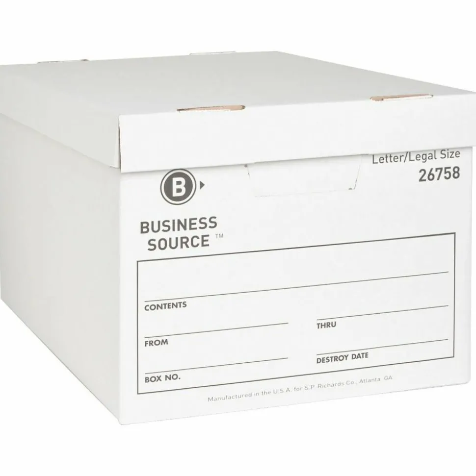 Business Source Medium-Duty Storage Boxes With Lift-Off Lids, Legal/Letter Size, 12" x 15" x 10", White, Box Of 12