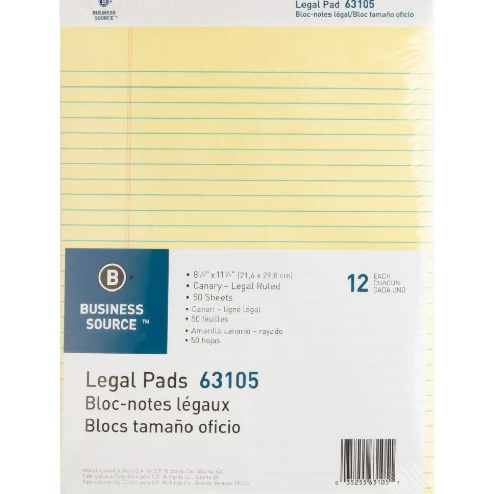 Business Source Micro-Perforated Legal Ruled Pads - 50 Sheets - 0.34" Ruled - 16 lb Basis Weight - 8 1/2"x11 3/4" Sheet Size - 63105