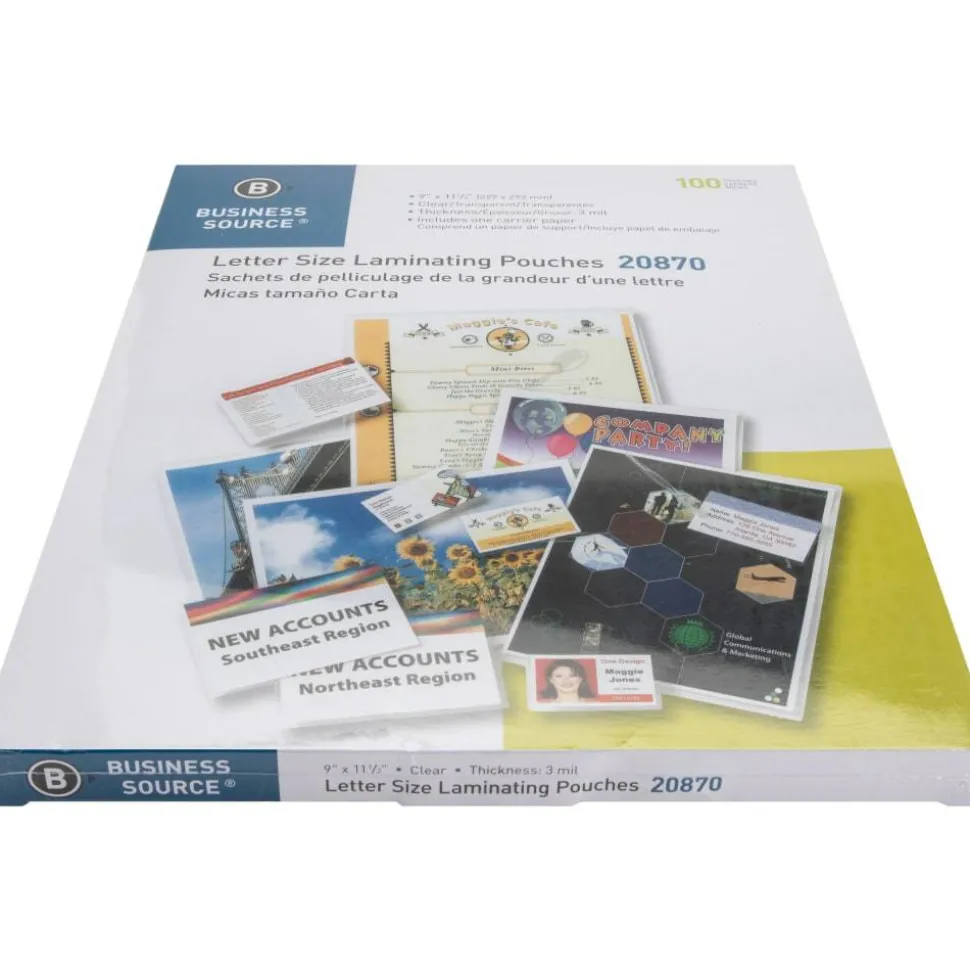 Business Source 3-mil Laminating Pouches, 9" x 11-1/2", Clear, Box of 100