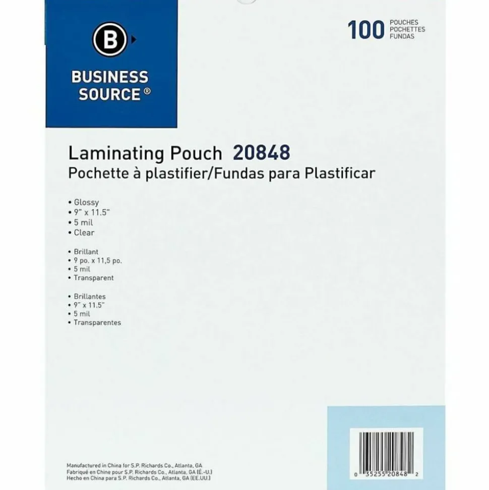 Business Source 5-mil Laminating Pouches, Clear, Box of 100