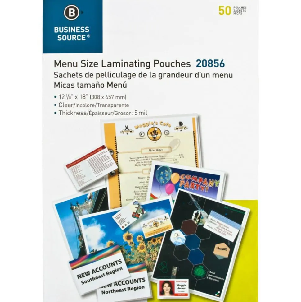 Business Source 5 mil Menu-size Laminating Pouches - 12.13"x 18"x5 mil Thickness - 20856, 12/Pack