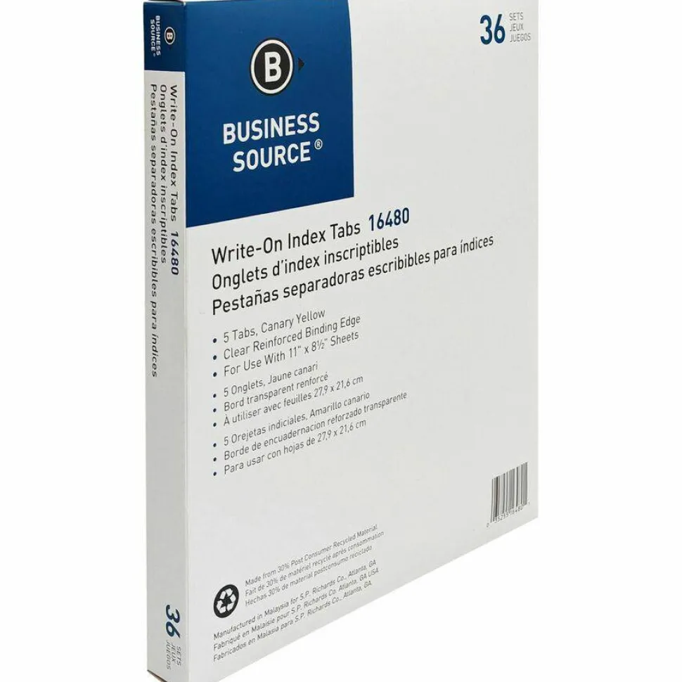 Business Source Mylar-reinforced Plain Tab Indexes - 5 Write-on Tab(s) - 8.5" Dividerx 11" Divider - Letter - 3 Hole Punched - Canary Tab(s) - 36/Box