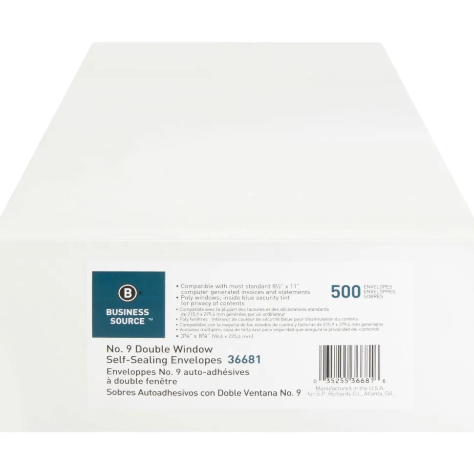 Business Source No. 9 Double Window Invoice Envelopes - Double Window - #9 - 8 7/8" Width x 3 7/8" Length - 24 lb - Self-sealing - White - 500 / Box