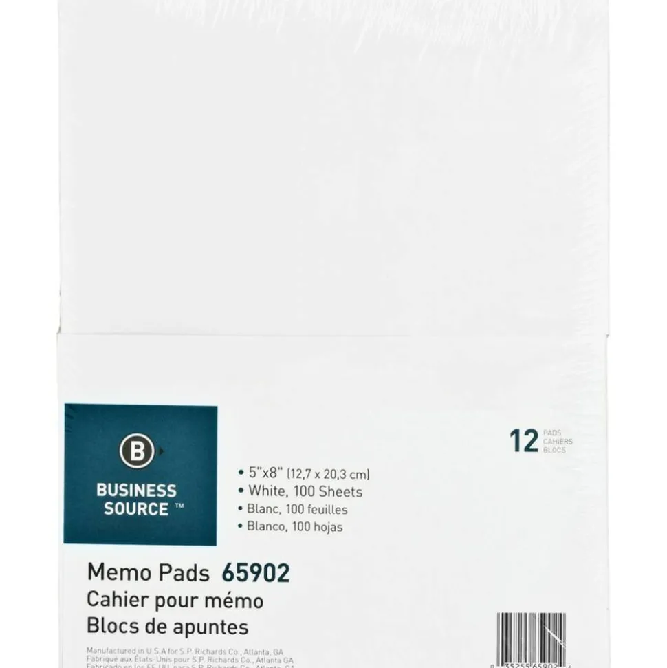 Business Source Plain Memo Pads - 100 Sheets - Plain - Glue - 16 lb Basis Weight - 5" x 8" Sheet Size - White Paper - 1 Dozen