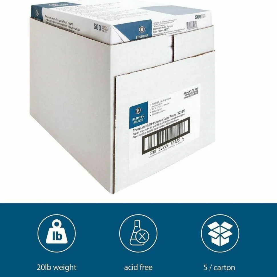 Business Source Premium Multi-Use Printer & Copy Paper, Letter (8.5" x 11"), 2500 Sheets Per Case, 20 Lb, 92 Brightness