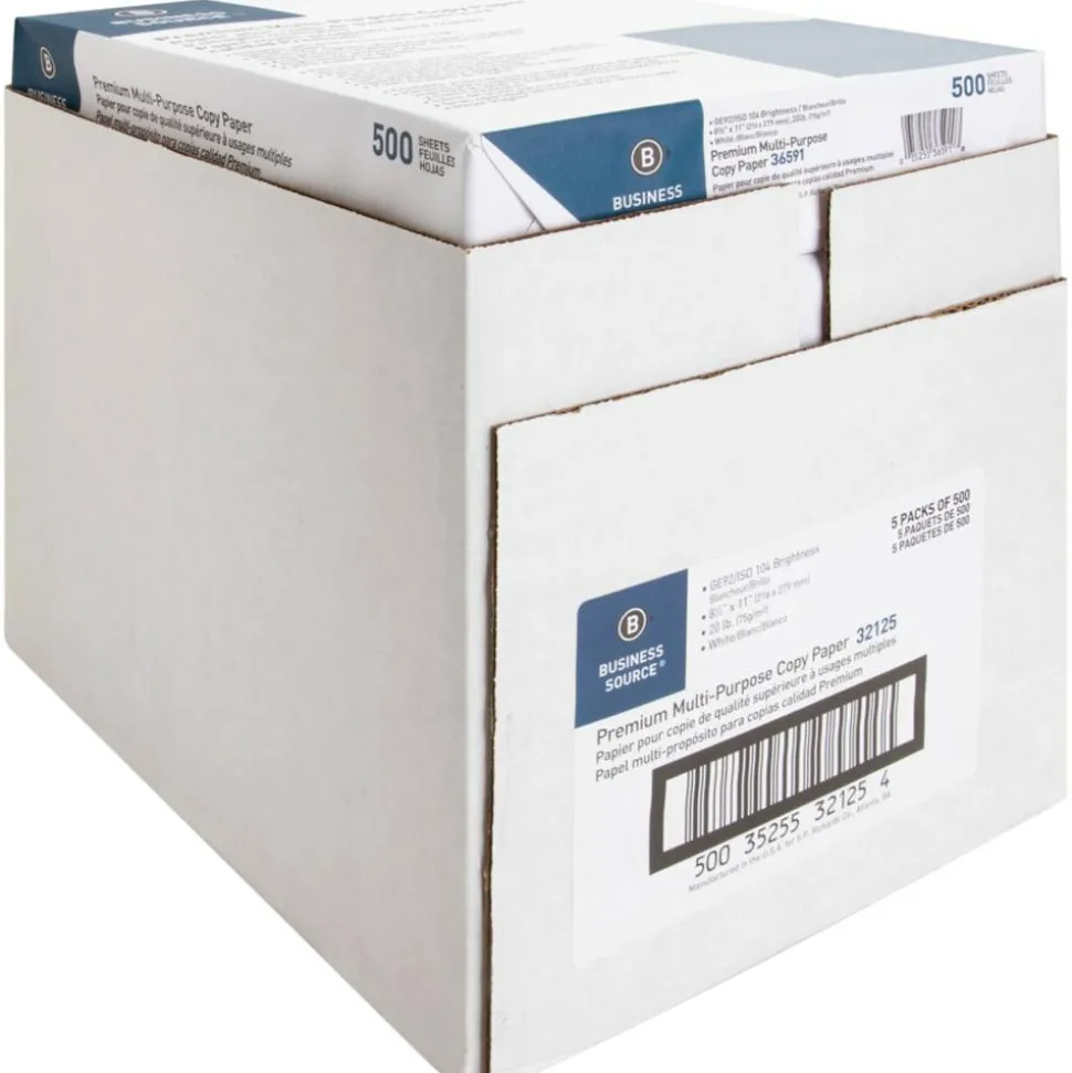 Business Source Premium Multi-Use Printer & Copy Paper, Letter (8.5" x 11"), 2500 Sheets Per Case, 20 Lb, 92 Brightness