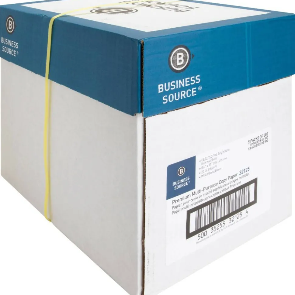 Business Source Premium Multi-Use Printer & Copy Paper, Letter (8.5" x 11"), 2500 Sheets Per Case, 20 Lb, 92 Brightness