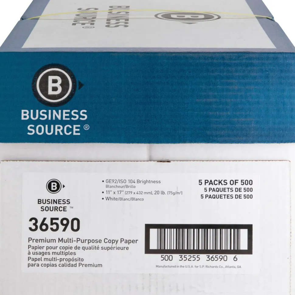 Business Source Premium Multi-Use Printer & Copy Paper, White, Ledger (11" x 17"), 2500 Sheets Per Case, 20 Lb, 92 Brightness