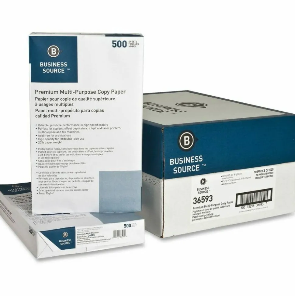 Business Source Premium Multi-Use Printer & Copy Paper, White, Legal (8.5" x 14"), 5000 Sheets Per Case, 20 Lb, 92 Brightness
