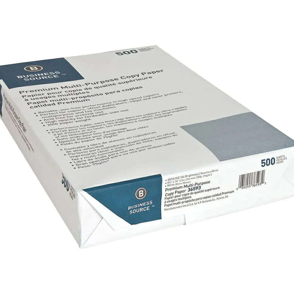 Business Source Premium Multi-Use Printer & Copy Paper, White, Legal (8.5" x 14"), 5000 Sheets Per Case, 20 Lb, 92 Brightness