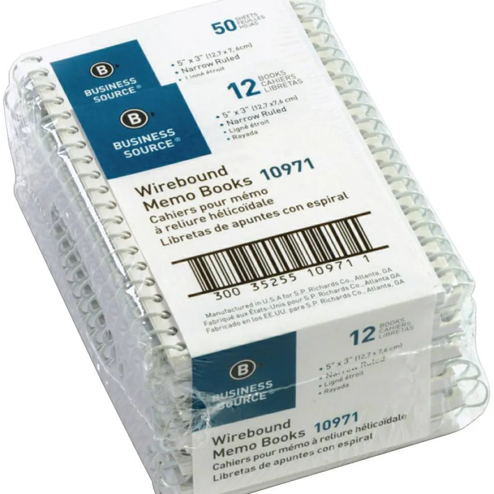 Business Source Side Wirebound Ruled Memo Book - 50 Sheet(s) - Wire Bound - 3" x 5" Sheet Size - White - 1 Dozen