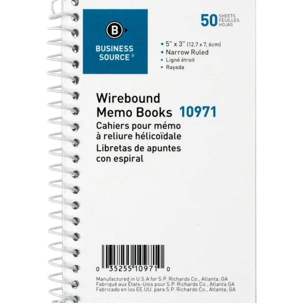 Business Source Side Wirebound Ruled Memo Book - 50 Sheet(s) - Wire Bound - 3" x 5" Sheet Size - White - 1 Dozen