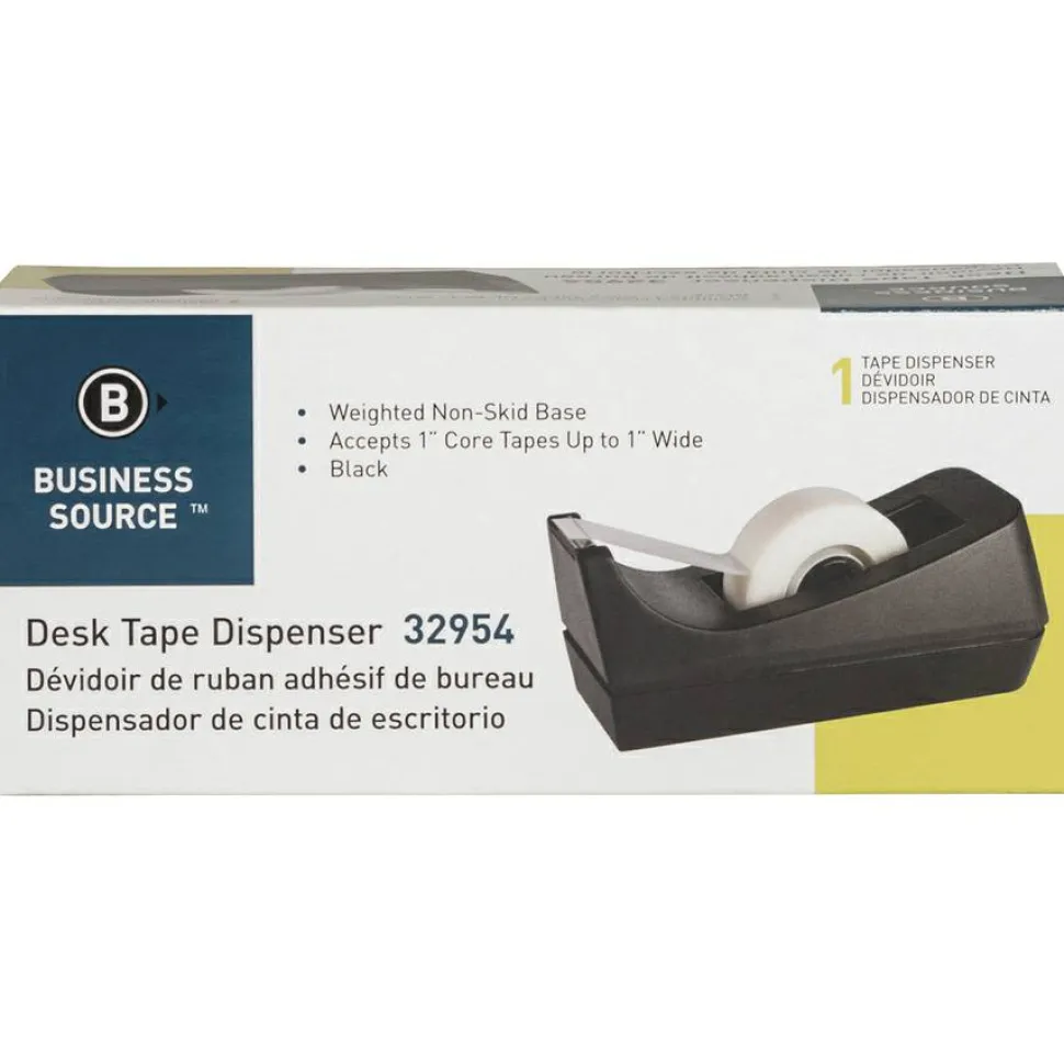Business Source Standard Desktop Tape Dispenser - 1" Core - Non-skid Base - Plastic - Black - 1 Each