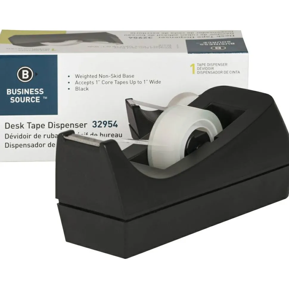 Business Source Standard Desktop Tape Dispenser - 1" Core - Non-skid Base - Plastic - Black - 1 Each