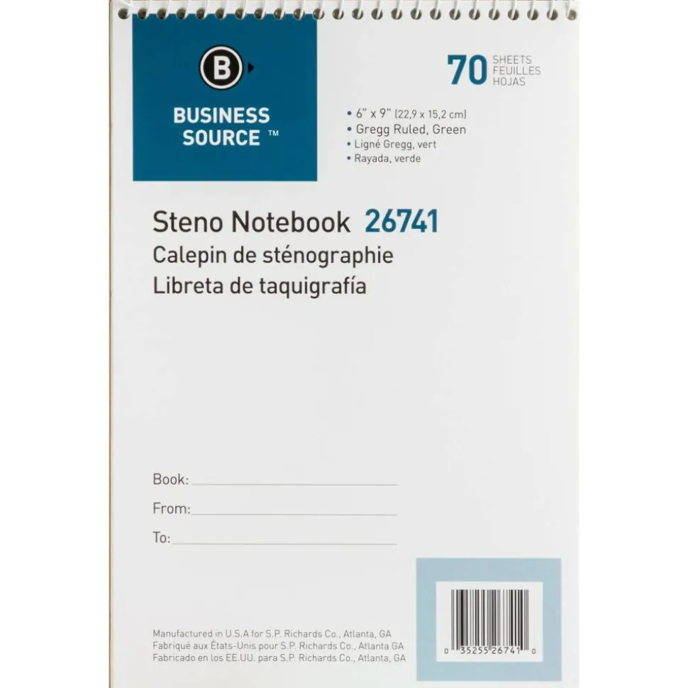 Business Source Steno Notebook - 70 Sheets - Wire Bound - Gregg Ruled Margin - 15 lb Basis Weight - 6"x9" Sheet Size - Green Paper - Stiff-back