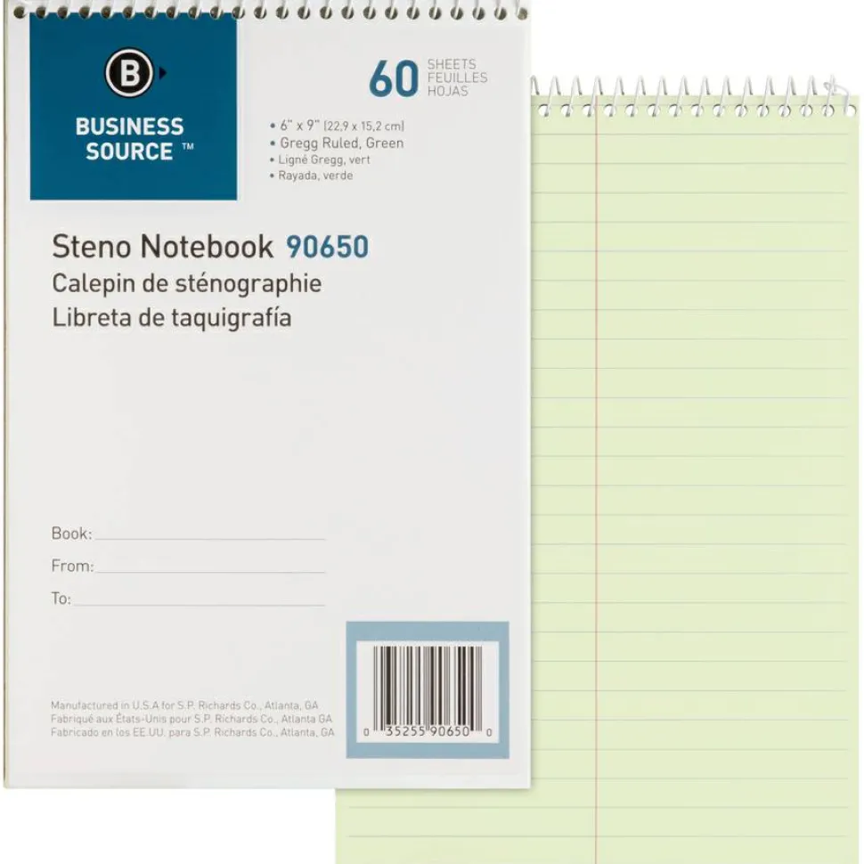 Business Source Steno Notebook - 60 Sheets - Wire Bound - Gregg Ruled Margin - 15 lb Basis Weight - 6"x9" Sheet Size - White Paper - Stiff-back