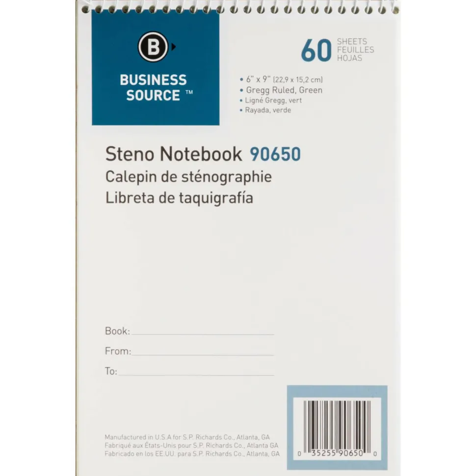 Business Source Steno Notebook - 60 Sheets - Wire Bound - Gregg Ruled Margin - 15 lb Basis Weight - 6"x9" Sheet Size - White Paper - Stiff-back