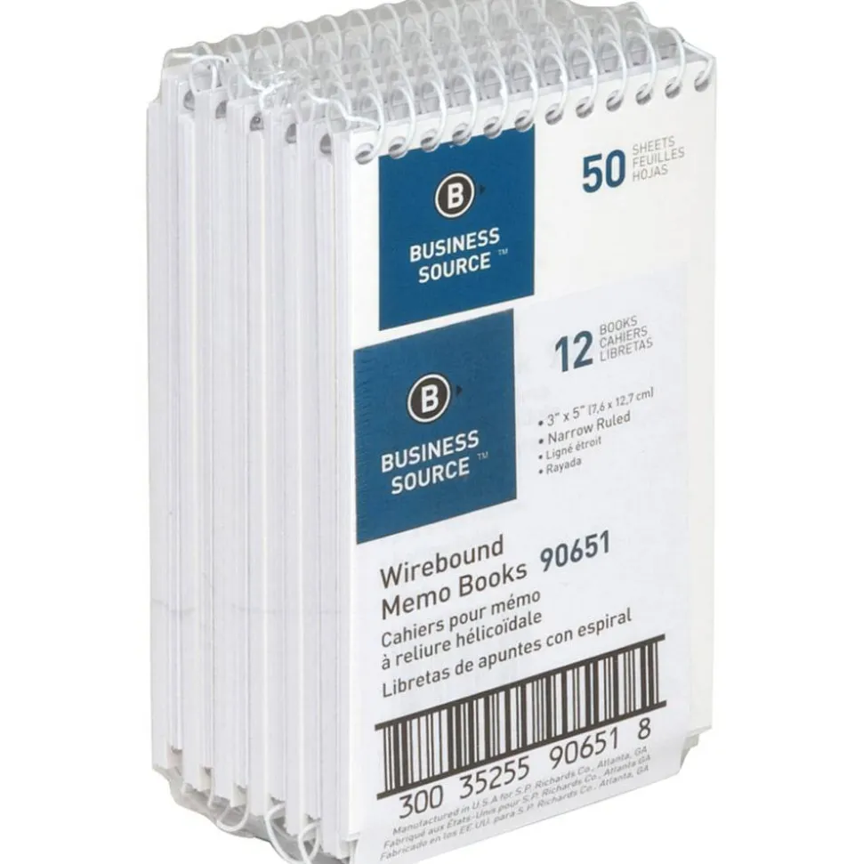 Business Source Wirebound Memo Books, 5" x 3", 50 Sheets, White, Pack Of 12