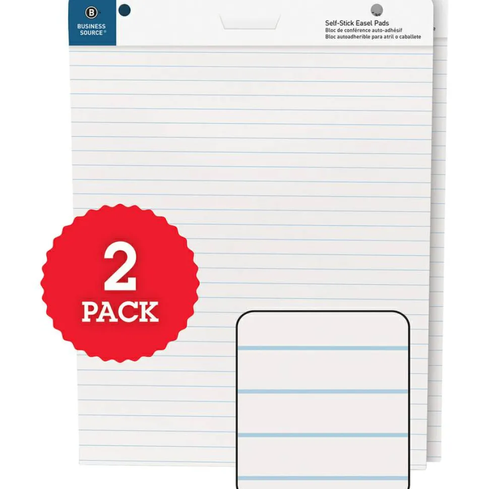 Business Source 25"x30" Lined Self-stick Easel Pads - 30 Sheets - 25" x 30" Sheet Size - White Paper - Cardboard Cover - Self-stick - 2 / Carton
