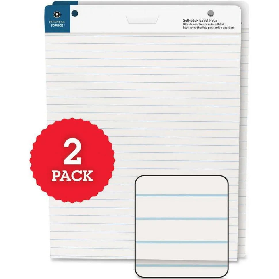 Business Source 25"x30" Lined Self-stick Easel Pads - 30 Sheets - 25" x 30" Sheet Size - White Paper - Cardboard Cover - Self-stick - 2 / Carton